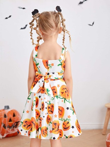Toddler Girls Pumpkin Print Bow Detail Halloween Costume Dress
