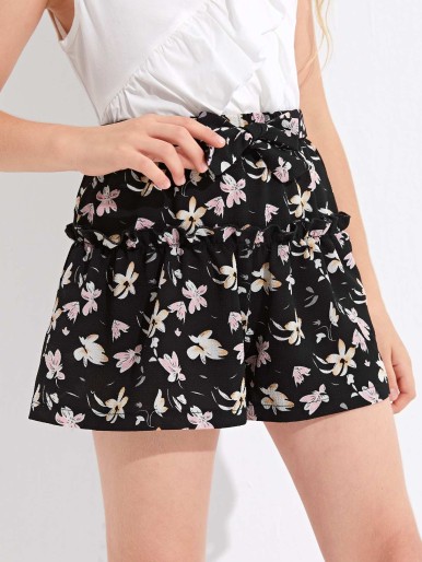 Girls Frill Trim Allover Floral Shorts