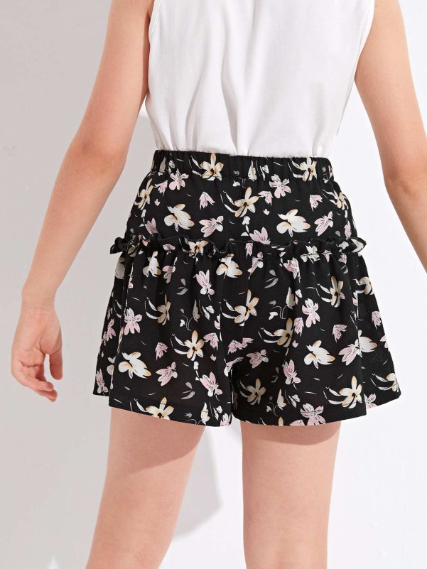 Girls Frill Trim Allover Floral Shorts