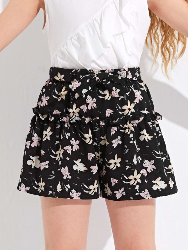 Girls Frill Trim Allover Floral Shorts