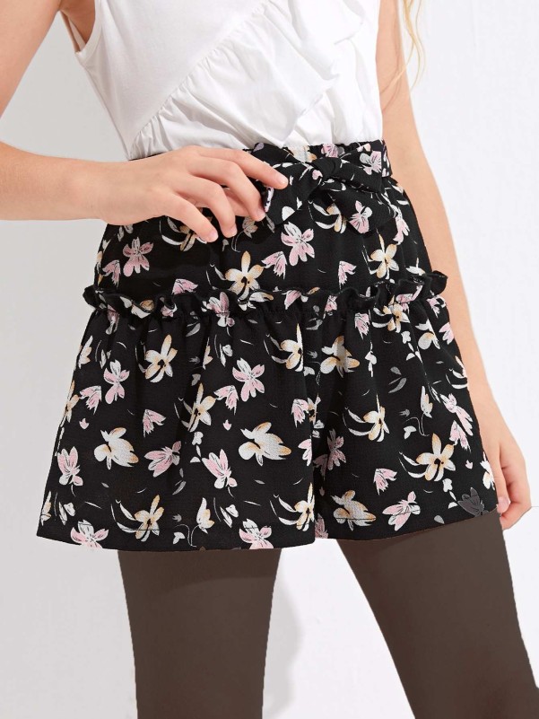 Girls Frill Trim Allover Floral Shorts