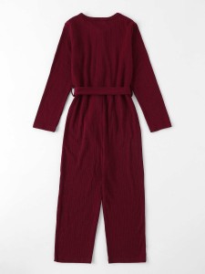 Girls Half Button Textured Belted Jumpsuit