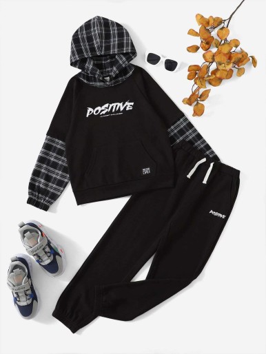 SHEIN Boys Plaid And Letter Graphic Raglan Sleeve Hoodie & Sweatpants