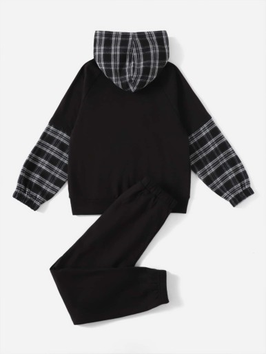 SHEIN Boys Plaid And Letter Graphic Raglan Sleeve Hoodie & Sweatpants