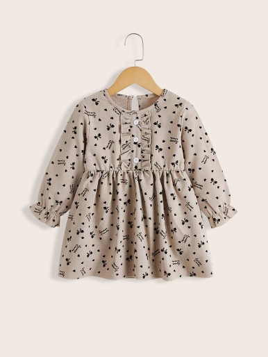 Toddler Girls Heart And Bow Print Frill Trim Flounce Sleeve Dress