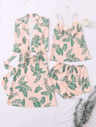 4pcs Leaf Print Self Tie PJ Set