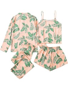 4pcs Leaf Print Self Tie PJ Set