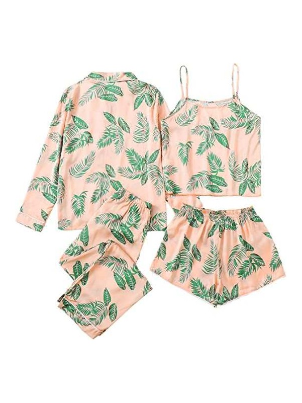 4pcs Leaf Print Self Tie PJ Set