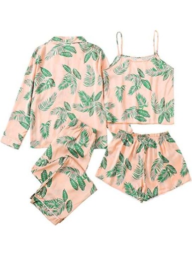 4pcs Leaf Print Self Tie PJ Set