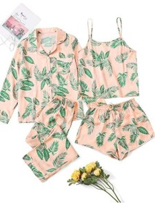 4pcs Leaf Print Self Tie PJ Set