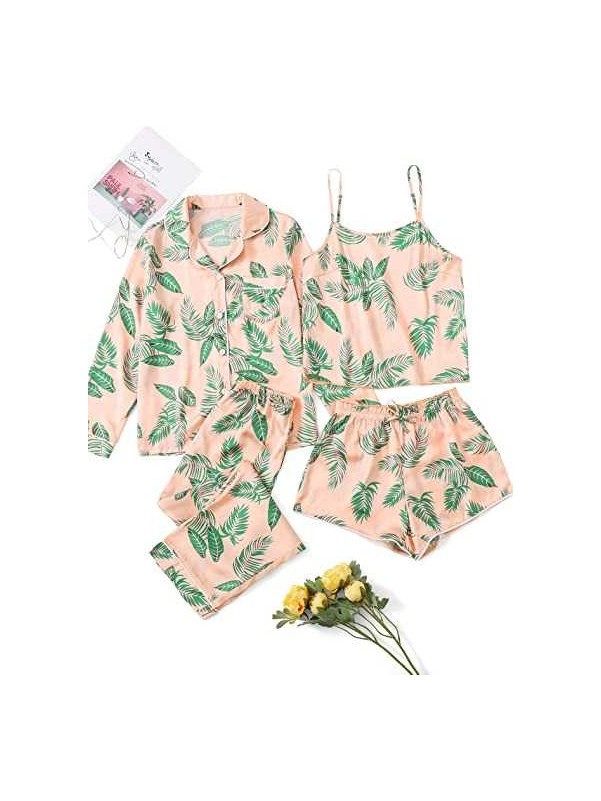 4pcs Leaf Print Self Tie PJ Set