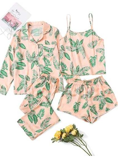 4pcs Leaf Print Self Tie PJ Set