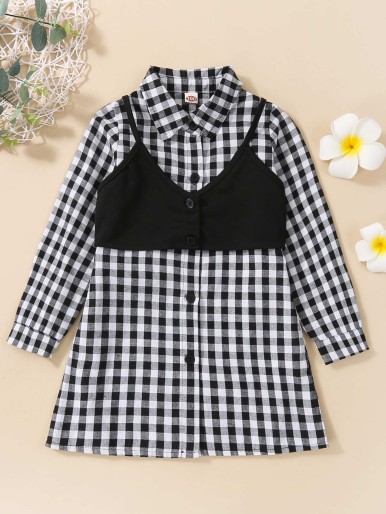 Toddler Girls Gingham Print Shirt Dress & Cami Top