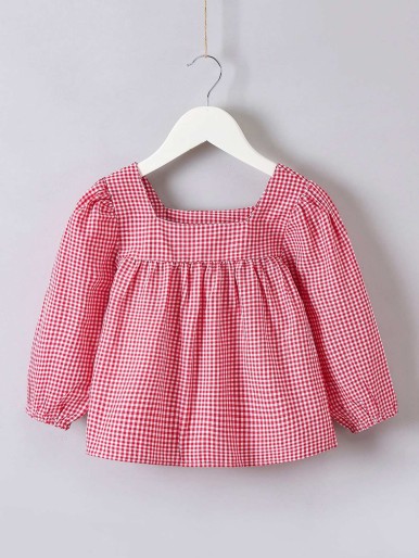 Toddler Girls Gingham Print Square Neck Puff Sleeve Blouse