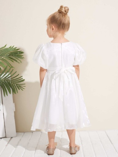 Toddler Girls Lantern Sleeve Bow Front Party Dress