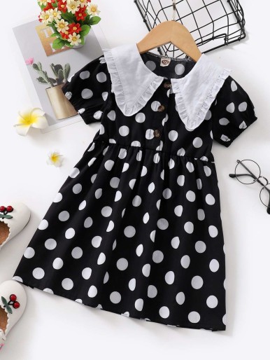 Toddler Girls Polka Dot Contrast Collar Dress