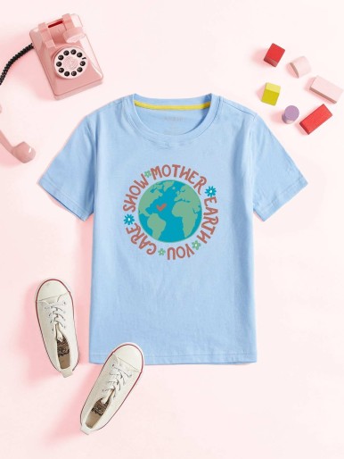 Toddler Girls Slogan And Earth Print Tee