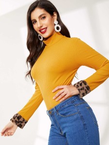 Leopard Faux Fur Cuff Rib-knit Fitted Tee