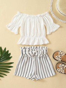 Toddler Girls Frill Trim Tee & Striped Print Belted Shorts