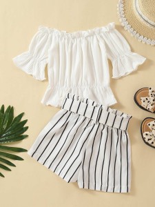 Toddler Girls Frill Trim Tee & Striped Print Belted Shorts