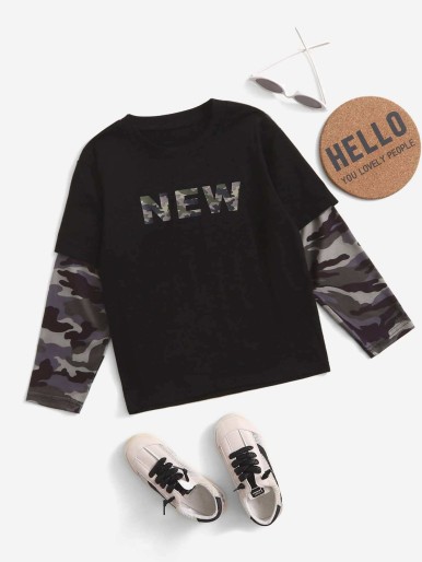 Boys Letter & Camo Print 2 In 1 Tee