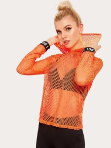 Letter Tape Cuff Fishnet Hooded Top