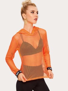 Letter Tape Cuff Fishnet Hooded Top