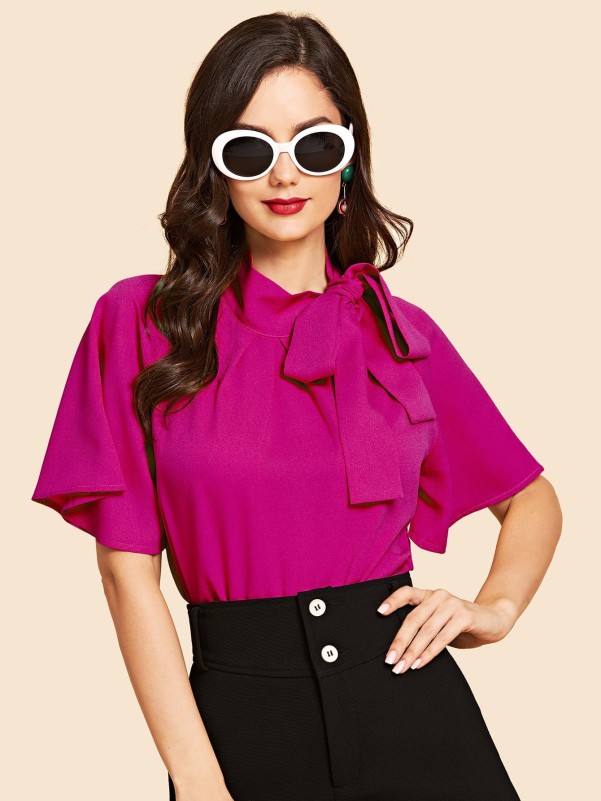 EMERY ROSE Neon Pink Flutter Sleeve Tie Neck Blouse