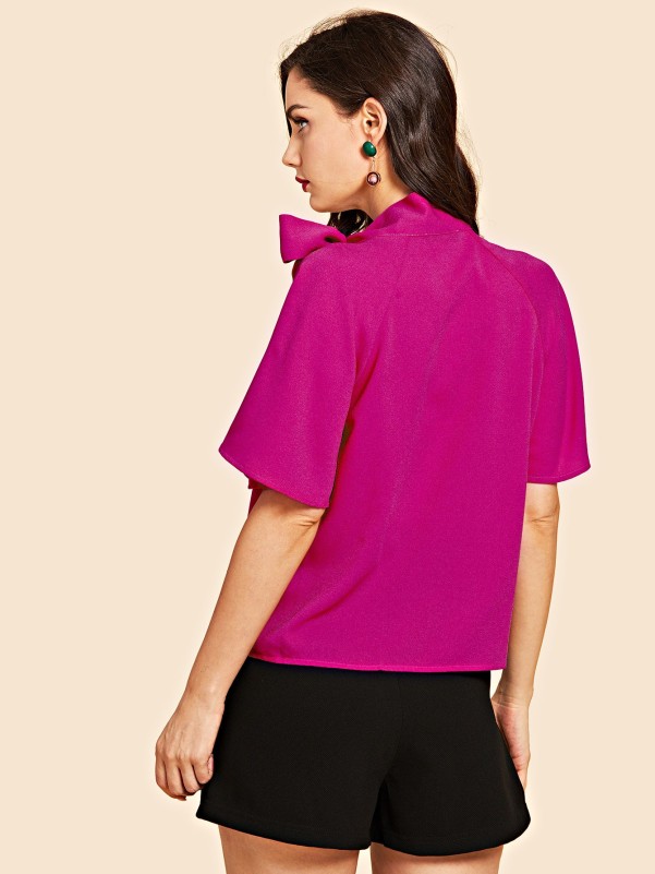 EMERY ROSE Neon Pink Flutter Sleeve Tie Neck Blouse