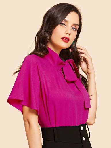 EMERY ROSE Neon Pink Flutter Sleeve Tie Neck Blouse