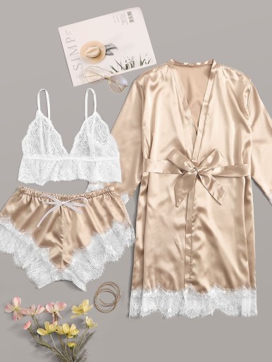 Floral Lace Satin Lingerie Set With Robe