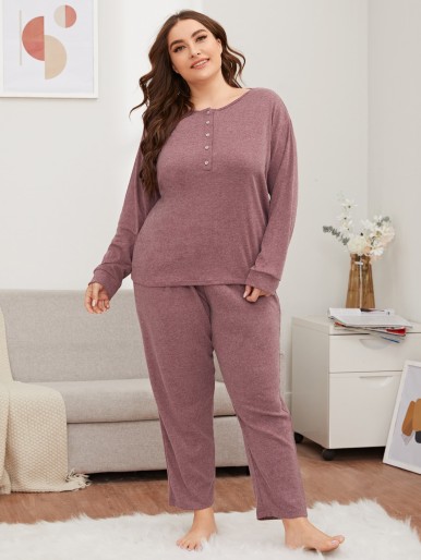 Plus Size Button-Front Top and Pants Pajama Set