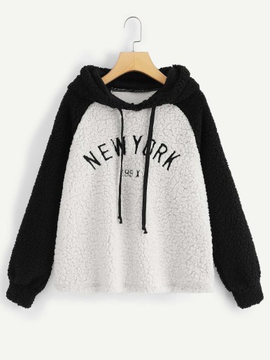 Raglan Sleeve Letter Teddy Drawstring Hoodie