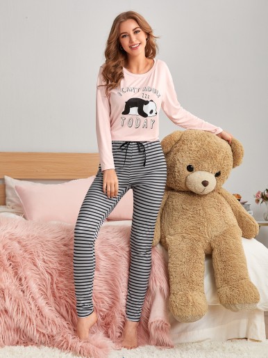 Cartoon Graphic Tee & Striped Pants Pajama Set