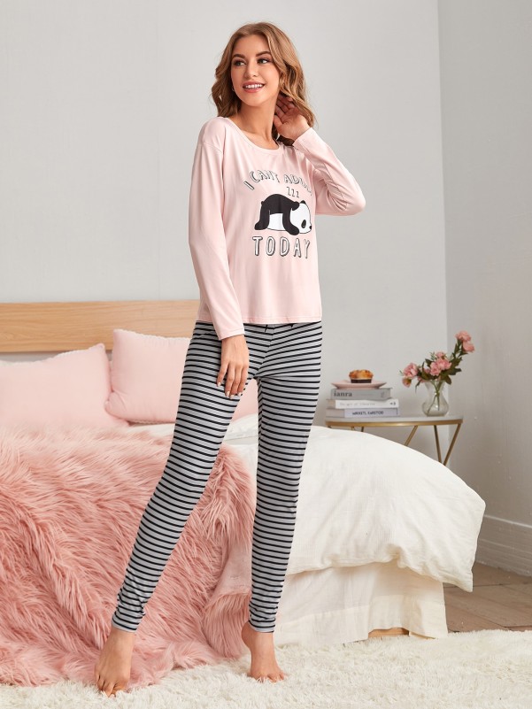 Cartoon Graphic Tee & Striped Pants Pajama Set