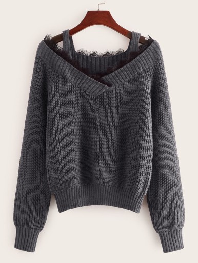 Plus Cold Shoulder Contrast Lace Sweater