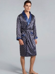 Men Allover Print Belted Satin Robe