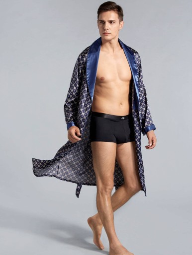 Men Allover Print Belted Satin Robe