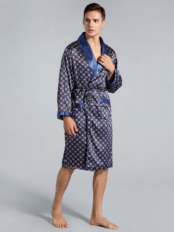 Men Allover Print Belted Satin Robe