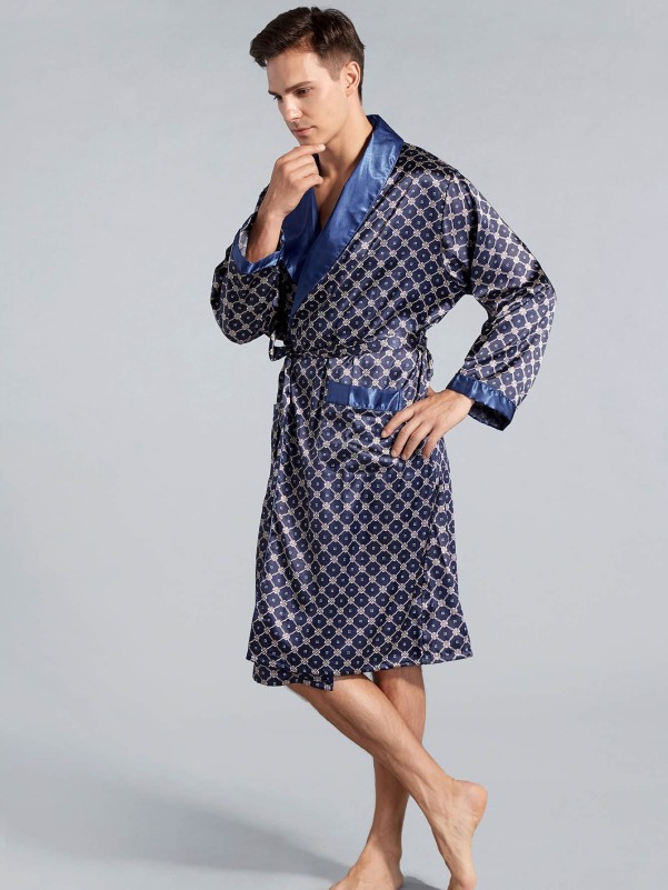 Men Allover Print Belted Satin Robe