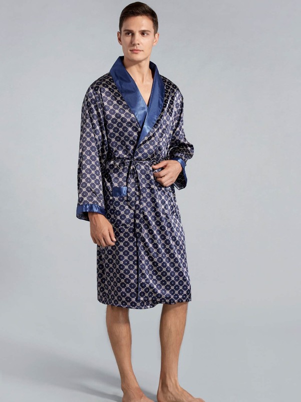 Men Allover Print Belted Satin Robe