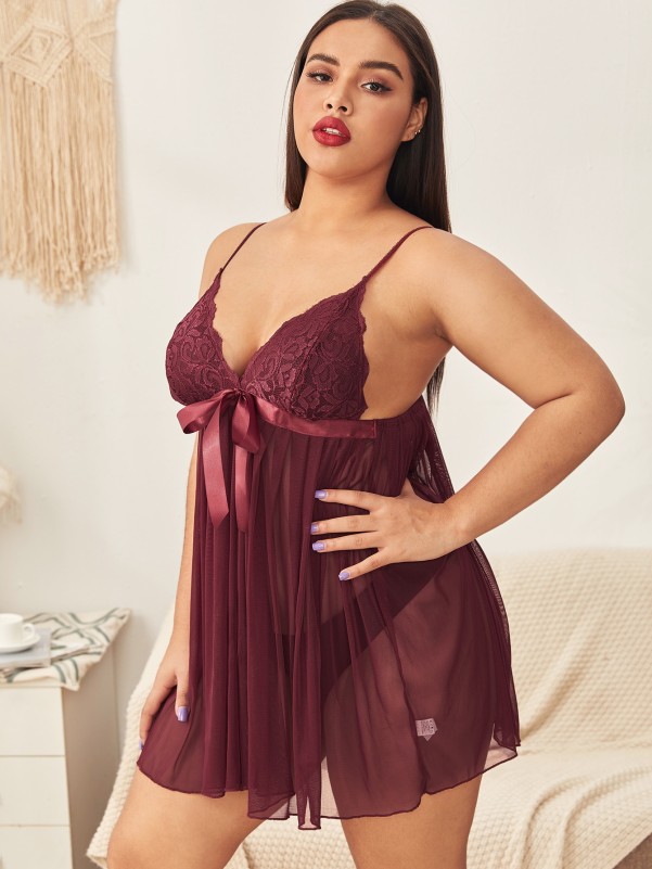 Plus Size Mesh Lace Babydoll with Panty, 30% Off, Snazzyway
