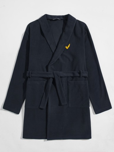 Men Embroidered Detail Shawl Collar Patch Pocket Belted Robe