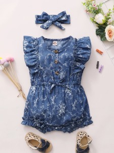 Baby Girl Plants Print Ruffle Trim Denim Bodysuit & Headband