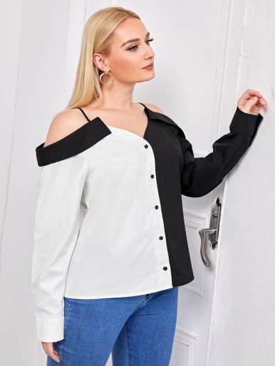 Plus Button Through Two Tone Blouse