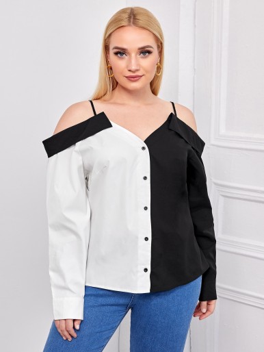 Plus Button Through Two Tone Blouse