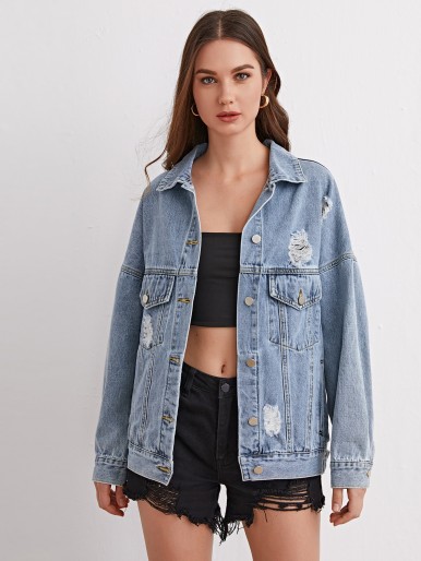 Light Wash Drop Shoulder Ripped Denim Jacket