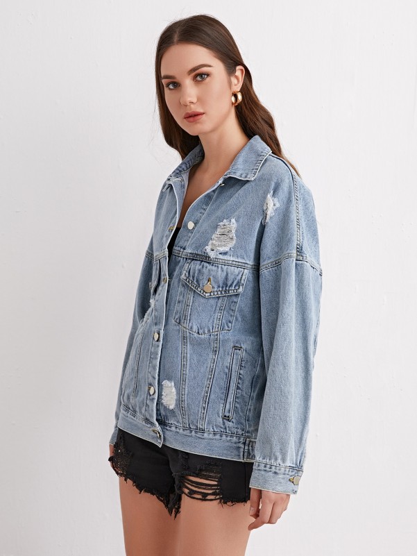 Light Wash Drop Shoulder Ripped Denim Jacket