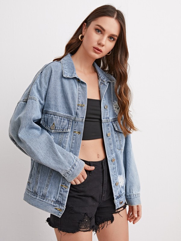 Light Wash Drop Shoulder Ripped Denim Jacket