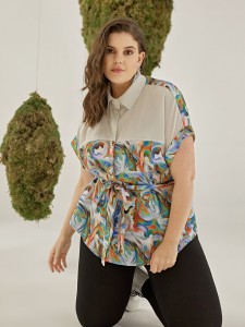 Plus Marble Print Roll Up Sleeve Belted Blouse